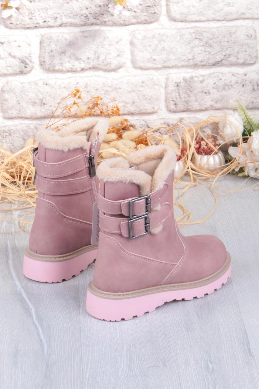 Fort Cool Buckle Anatomik Sıcak Astar Kaymaz Taban Kız Çocuk Çizme Pudra