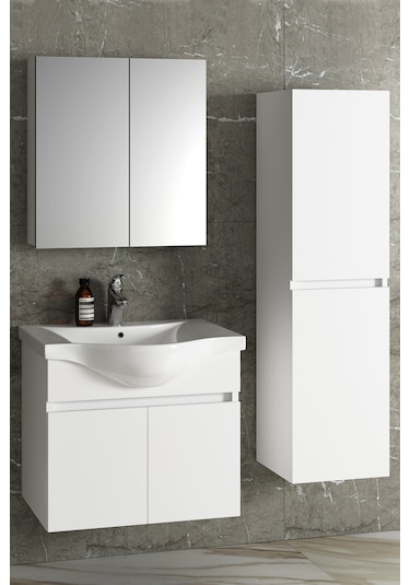 Yıldız 65+35 Cm Beyaz Mdf Lavabolu Asma Banyo Dolabı Takımı Beyaz