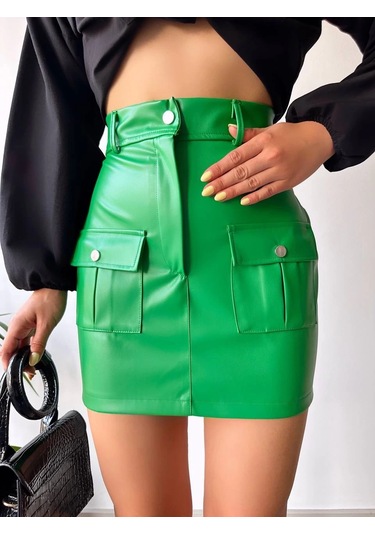 Önden İki Cepli Deri Etek Yeşil H240040 Yeşil