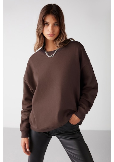 VANELTINA  Kadın Organik Pamuklu Yumuşacık İçi Polarlı Yuvarlak yakalı Kahverengi Sweatshirt