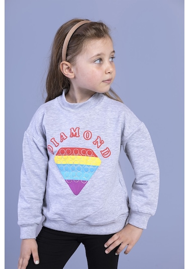 Toontoy Kız Çocuk Popıt Baskılı İçi Pamuklu Sweatshirt Gri Melanj