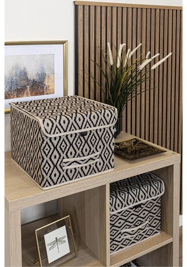 Bohe Çok Amaçlı Kapaklı Kutu, Dolap Raf Düzenleyici, Dekoratif Saklama Kutusu 30x30x23 Cm Gri-beyaz