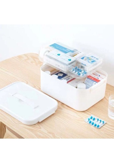 Sones Ev Tipi Taşınabilir Kozmetik Bitirme Saklama Kutusu Büyük Kapasiteli Aile Güvenliği Acil Durum Saklama Kutusu Çift Katmanlı İlaç Kutusu, Boyut: L-28,5x19,5x18,5 Cm Beyaz