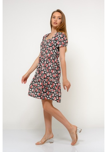 Kadın Kare Yaka Büzgü Detaylı Mini Elbise 4447/95 001