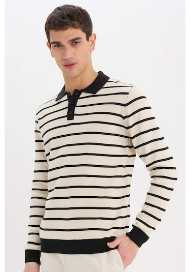 DeFacto Standart Fit Polo Yaka Çizgili Triko Kazak	 E7604AX24WNBK27