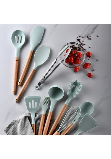 9 Parça Mutfak Aletleri Seti Silikon Mutfak Gereçleri Seti Ahşap Saplı Pişirme Seti Şef Yapışmaz Pişirme Eşyaları Mutfak Aletleri Yeşil