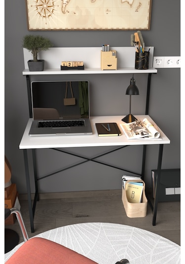 Parla Üstten Raflı Dekoratif Çalışma Masası 50x90 Cm Beyaz