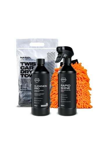 Nasiol-SET 28-Araç Yıkama 3'lü Seti ve Rapidshine Araç Hızlı Nano Detay Spreyi Seti