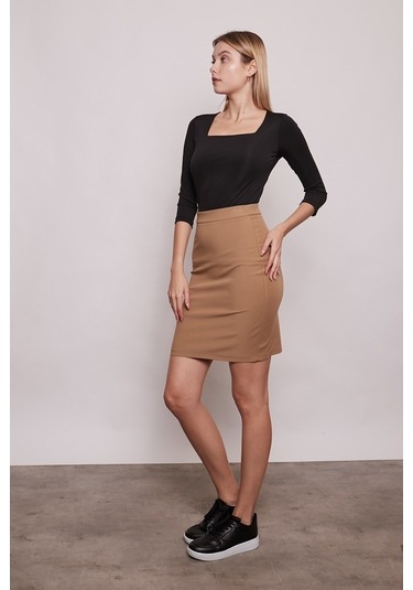 Yüksek Bel Diz Üstü Şık Kumaş Kalem Etek-Camel
