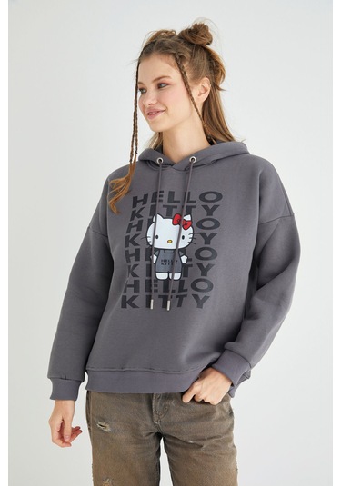 Hello Kitty Lisanslı Baskılı Kapüşonlu Kalın Fit Sweatshirt Renkli