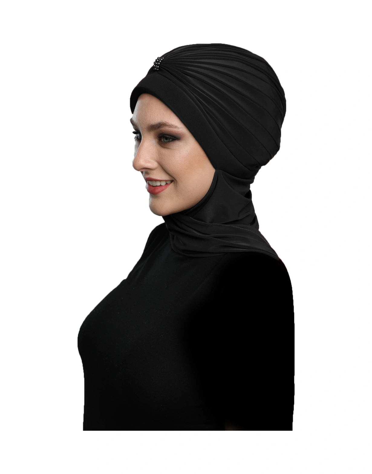 Incili Atkılı El Işi Inci Işlemeli Siyah Hazır Türban Tesettür Bone Siyah
