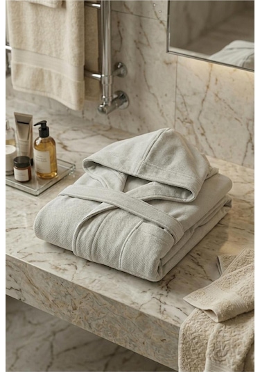 Soft Comfort Lacost Örgü Unisex Kapüşonlu Bornoz Gri