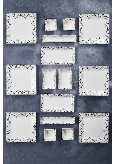 Piatti Naturali 16 Parça 6 Kişilik Mermer Kahvaltı Takımı Handmade Sunum Seti Siyah