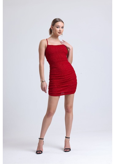 Sırttan Çapraz Bağlamalı Kırmızı Simli Mezuniyet Elbisesi Kırmızı