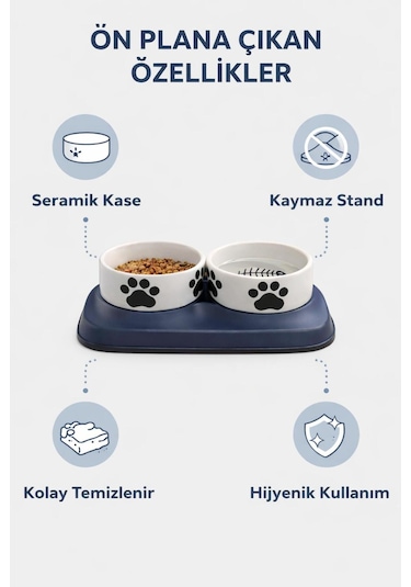 Premium Yükseltilmiş İkili Seramik Kedi Mama Ve Su Kabı