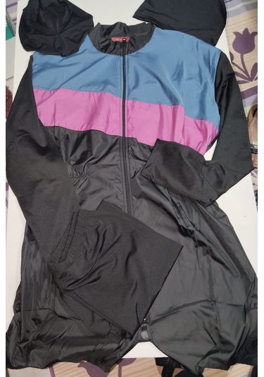 Paraşüt Kumaş Tam Fermuarlı Tek Parça Tesettür Mayo Gri - Pembe