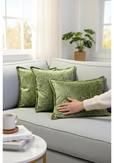 Kırlent İthal Kadife Kumaş 3'lü Set - Yumuşak Dokulu Dekoratif Özel Tasarım Kırlent Kılıfı - S10 Yeşil