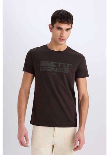 Defacto %100 Pamuk Slim Fit Dar Kesim Bisiklet Yaka Baskılı Kısa Kollu Tişört E0577ax25smbn337 Kahve