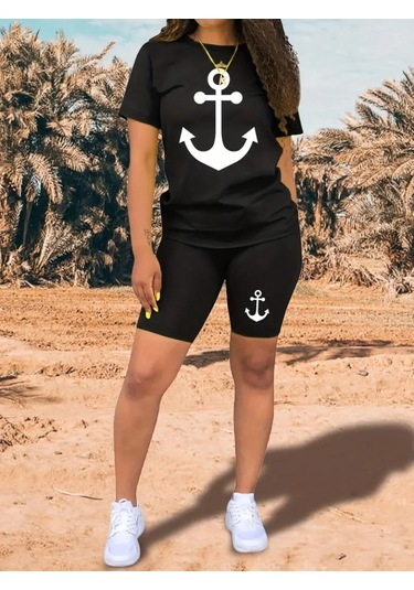 Gülsüm Aydın Kadın Kısa Kollu Çapa Baskılı Viskon Ikili Takım Siyah