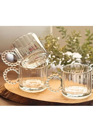 6 Lı Boncuk Desen Kulplu Cam Kupa 300 Cc Beyaz