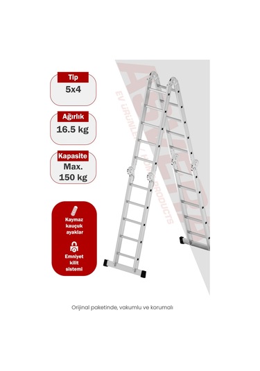 Asvera 5.8 Metre Çok Amaçlı Akrobat Merdiven - 20 Basamaklı 4x5 Katlanır Profesyonel Merdiven