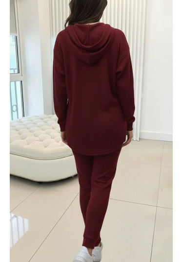 S-pazarım Kadın Uzun Kollu Kapşonlu Meloni Bluz Ve Pantolon Ikili Takım Bordo