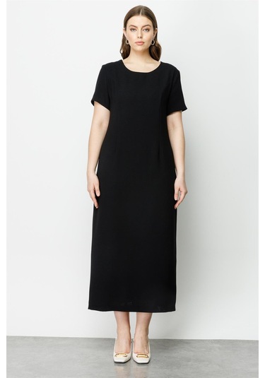 Moda İlgi Kadın Büyük Beden Kısa Kollu Uzun Elbise 8002 Siyah Siyah