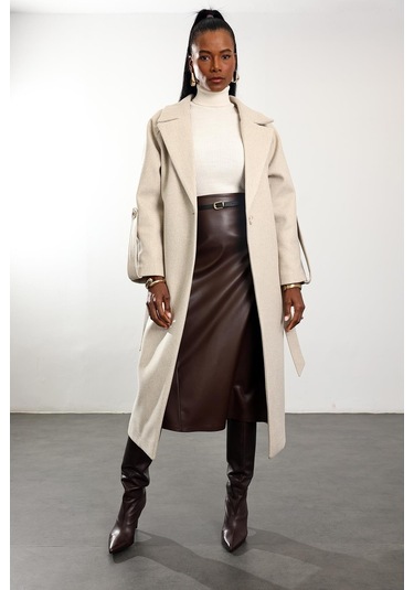 Bej Kuşaklı Kaşe Palto 1146 Bej