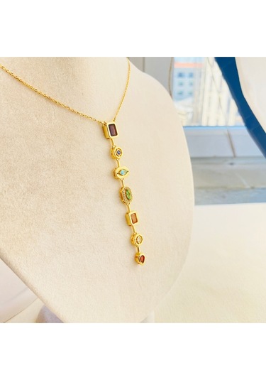 Renkli Taşlı Kolye Yedi Element Renkli Taşlı Y Kolye Çelik Gold Altın
