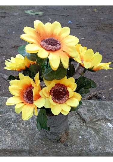 Kütük Saksıda Mini Ayçiçeği Günebakan Sunflower Dekoratif Yapay Çiçek