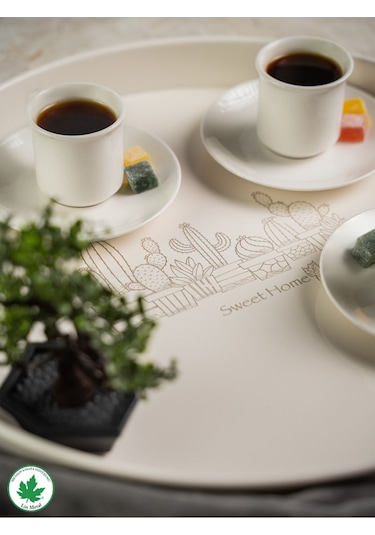 Lin Metal 37cm Yuvarlak Tepsi Ahşap Kulplu Kaktüs Baskılı - Krem