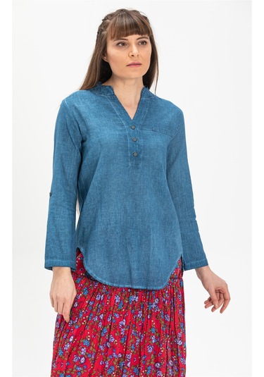 Uzun Kol Şile Bezi Akasya Bluz Kot Mavi Ktmv İndigo