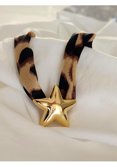 Leopar Desen Bombeli Yıldız Model Kumaş Detaylı Kolye 46cm Kahverengi - Siyah