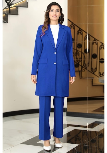 Parla Uzun Ceket Pantolon İkili Tesettür Takım Saks Saks