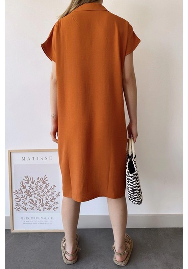 Kadın Kiremit Kısa Kol, Polo Yaka, Dokulu Desen, Basic Kalıp/kesim, Aerobin Rahat Midi Elbise Kiremit