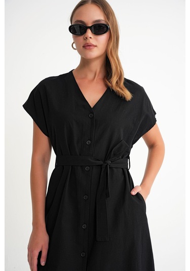 4721 Kadın V Yaka Düğme Detaylı Keten Elbise Siyah Siyah