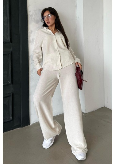 Madmext Karmelanj Keten Kadın Gömlek Pantolon İkili Takım Mg2356 Karmelanj