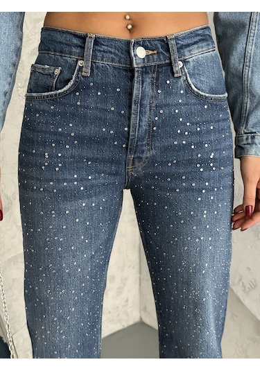 Kadın Taşlı Premium Mavi Kot Pantolon Mavi