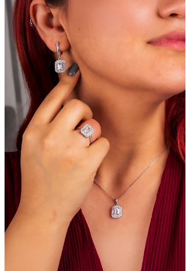 925 Ayar Gümüş Rodyumlu Zirkon Taşlı Sekizgen Baget Bayan Takı Seti -8233 Gümüş