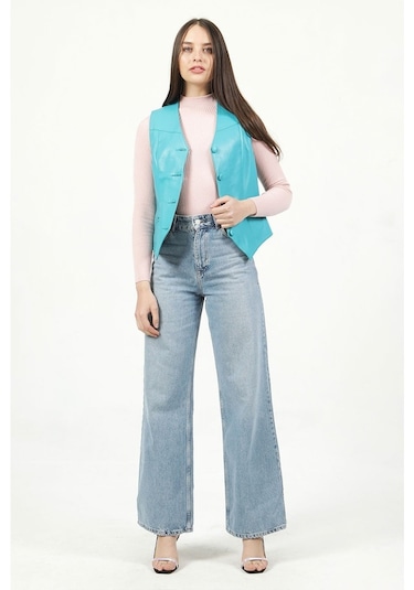 Dericlub Dc-001 Hakiki Deri Kadın Yelek Turkuaz