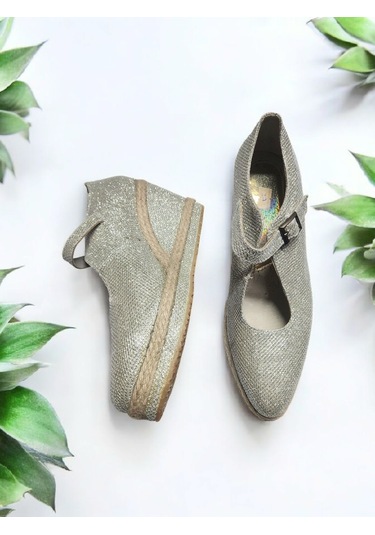 Dolgu Topuk Hasır Tokalı Balerin Espadril Altın