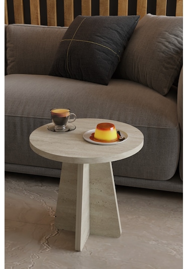 Alpa Ev Mobilya 3 Lü Mantar Zigon Sehpa Seti Modern Yuvarlak Tasarım, Dekoratif İskandinav Stil Traverten