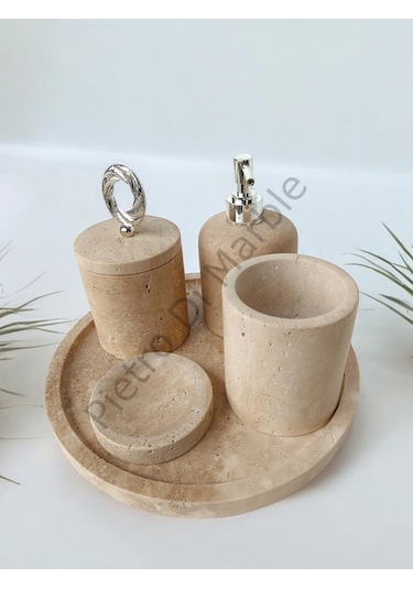 Sarı Traverten Klasik Model 5 Parça Gümüş Renk Halka Aksesuarlı Banyo Seti Sarı Traverten