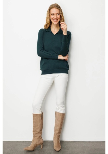 Desen Triko Kadın Polo Yaka Nakış İşlemeli Ligralı Bluz 25092 Yeşil Yeşil