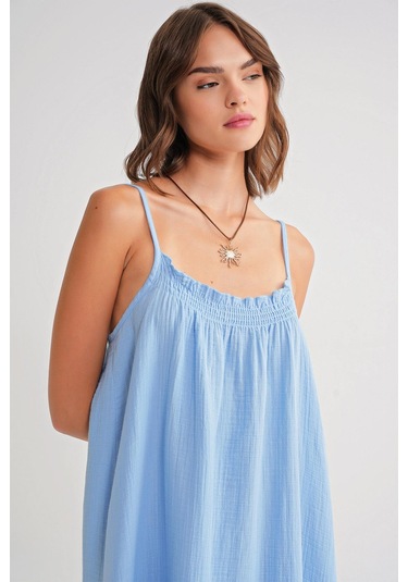 4740 Kadın Askılı Müslin Midi Elbise Bebe Mavi Bebe Mavi