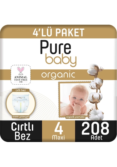 Pure Baby Organik Pamuklu Cırtlı Bez 4'lü Paket 4 Numara 208 Adet 4'lü