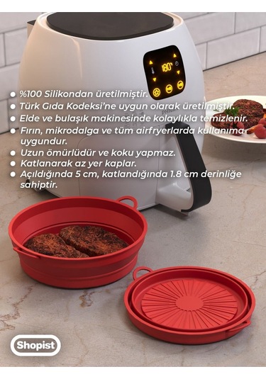 Katlanabilir Airfryer Pişirme Kabı Silikon Pişirme Seti 6 Litreye Kadar Tüm Cihazlara Uygun Kırmızı