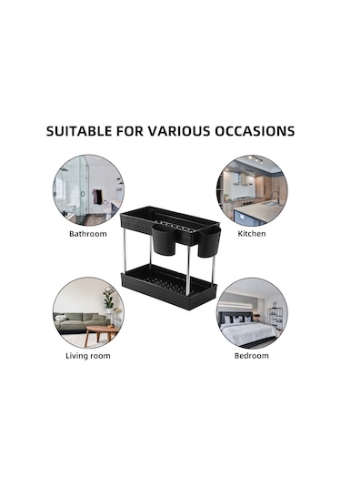 Moveevo 2 Katlı Paslanmaz Çelik Renkli Lavabo Altı Organizer, Su Akıtma Tasarımı İle 2 Bardak Tutuculu, Mutfak Ve Banyo Depolama Rafı Siyah