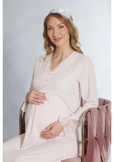 Lohusa Hamile Gecelik Uzun Kol Dantel Detaylı Emzirme Ve Hastane Çıkışı Flz 23-46