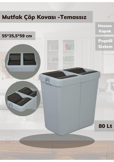 Çöp Kovası Bas Çek Mutfak Banyo Çöp Kutusu Gri 80 Litre Gri